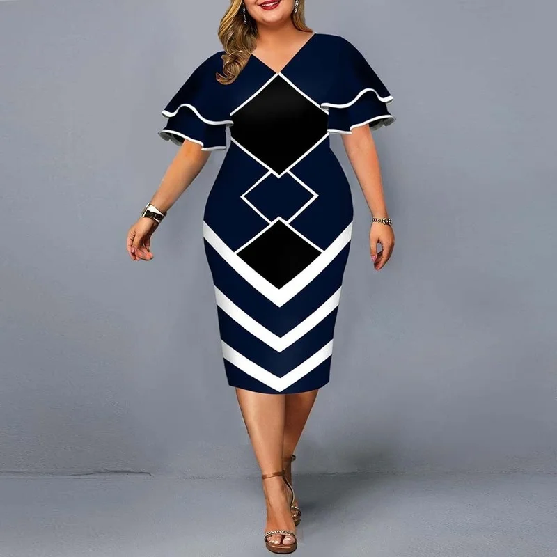 Plus Size Women Clothing Casual V Neck Geometric Printed Layered Bell Sleeve Women's  A Line Dresses Holiday 3xl-5xl Aesthetic