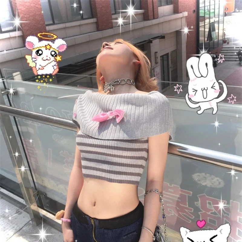 

Женская футболка в полоску с бантом и коротким рукавом, Y2k