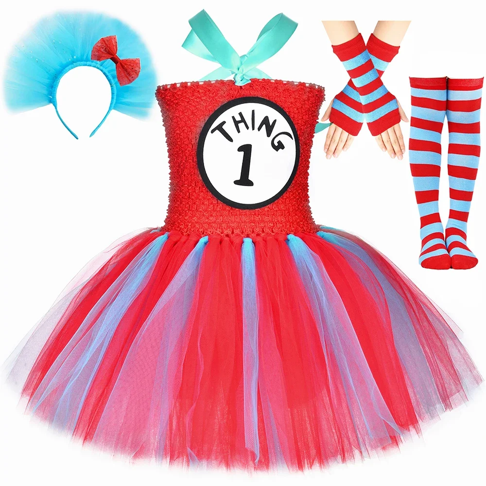 Фото Костюмы Thing 1 и Thing 2, синее, красное платье-пачка Dr Seuss, одежда для маленьких девочек, платье принцессы на Хэллоуин, день рождения, От 1 до 14 лет №3