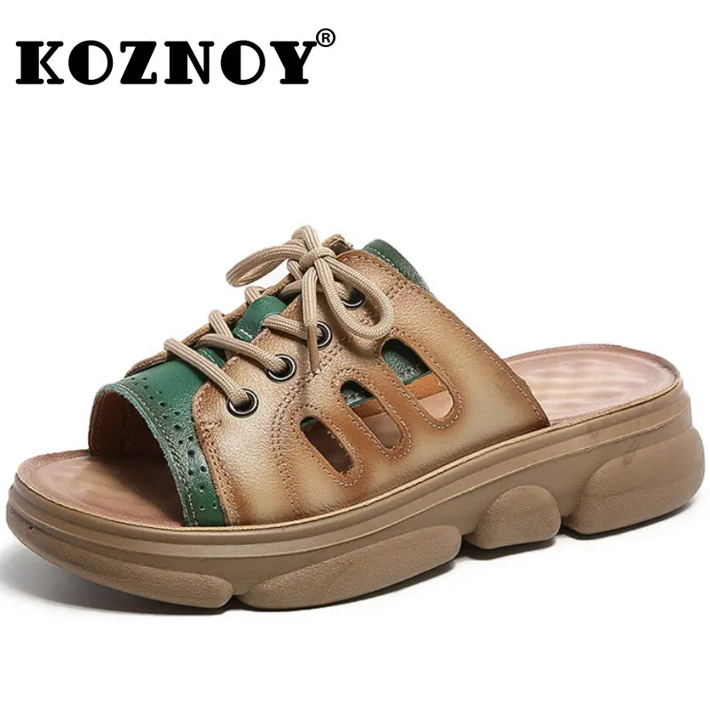 

Koznoy 4Cm Sandals Fashion Summer Slippers Women Comfy Hollow Natural Genuine Leather Multicolor British Peep Toe Ethnic Shoes