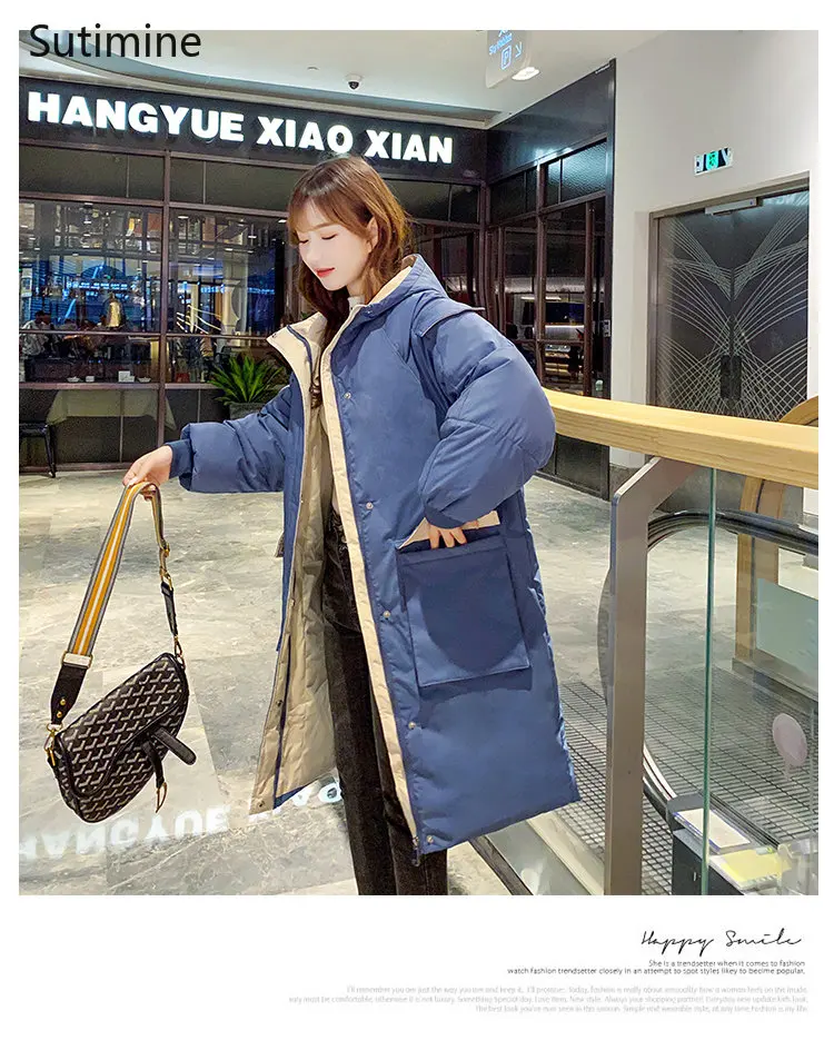 Long Down Jacket Women's College Style Thickened Loose Cotton Jacket Black Office Lady Winter Coat for Women Hooded Coat Women