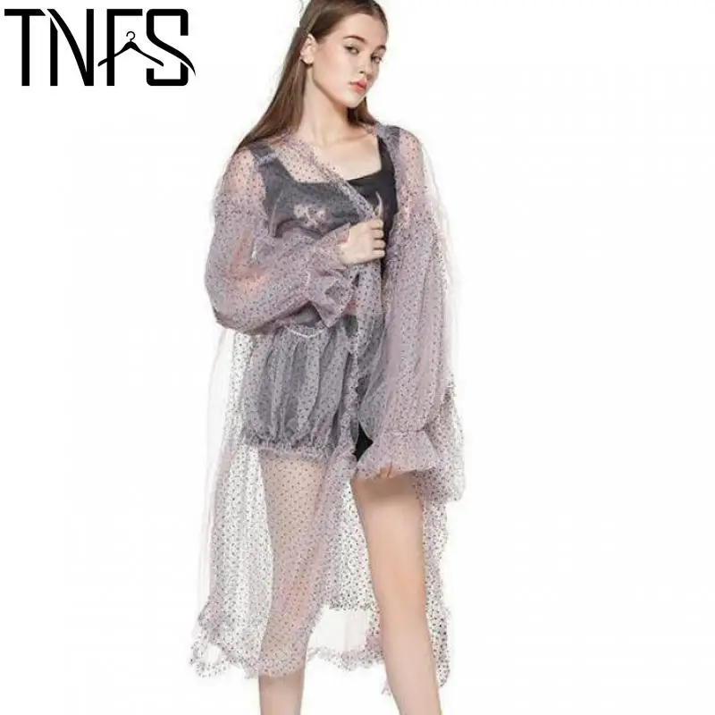 

Yuerwang Women Dress Mesh Long Loose Beach Dot Gauze Dress For Women Layered Ruffle Lantern Sleeve Vintage Summer Dress Pink