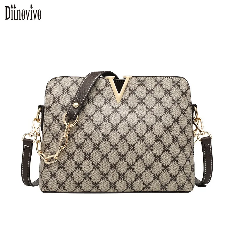 Diinovivo New 2023 Luxury Designer Shoulder Bag For Women PU Leather Crossbody Bag Chain Plaid Female Handbags Retro Print Bags