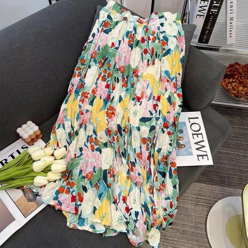 

Women Skirt Summer 2022 New Vintage Floral Print Pleated Skirt High Waist Loose Female Casual Midi Skirt Women Clothes Jupe H17
