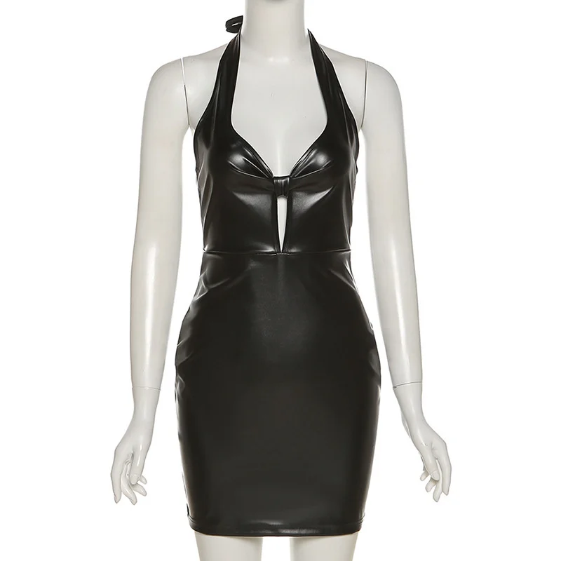 Dress Backless Sexy Party Club Faux Leather Dress Halter Neck Collar Backless Mini Dress Hollow Out