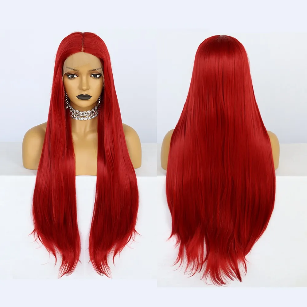 JONETING 32inch 13x1 Lace Front Wigs Wine Red Long Straight with lace Heat Resistant Fiber Synthetic Wig Natural Hair Wigs Women