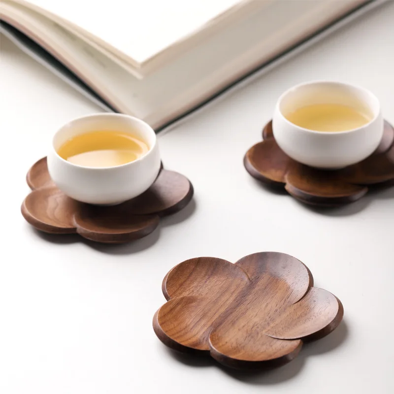 

Japanese Style Walnut Wood Coasters Placemats Decor Petal Heat Resistant Drink Mat Flower Shape Home Table Tea Coffee Cup Pad