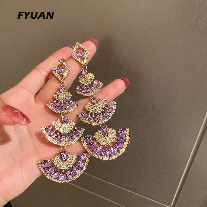 

FYUAN Vintage Purple Crystal Drop Crystal Earrings for Women Oversize Long Sector Geometric Dangle Earrings Statement Jewelry