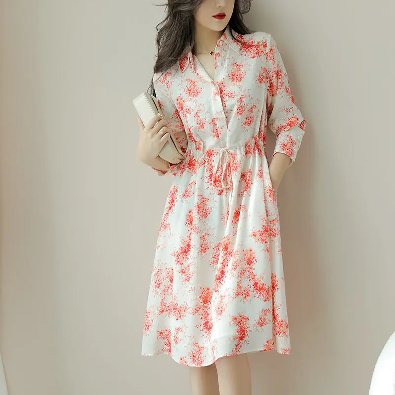 

Printing Red Polo Collar Waist Floral Dress 2022 Spring New Temperament Shirt Long Skirt Dresses For Women Vestido Y2k Traf Za