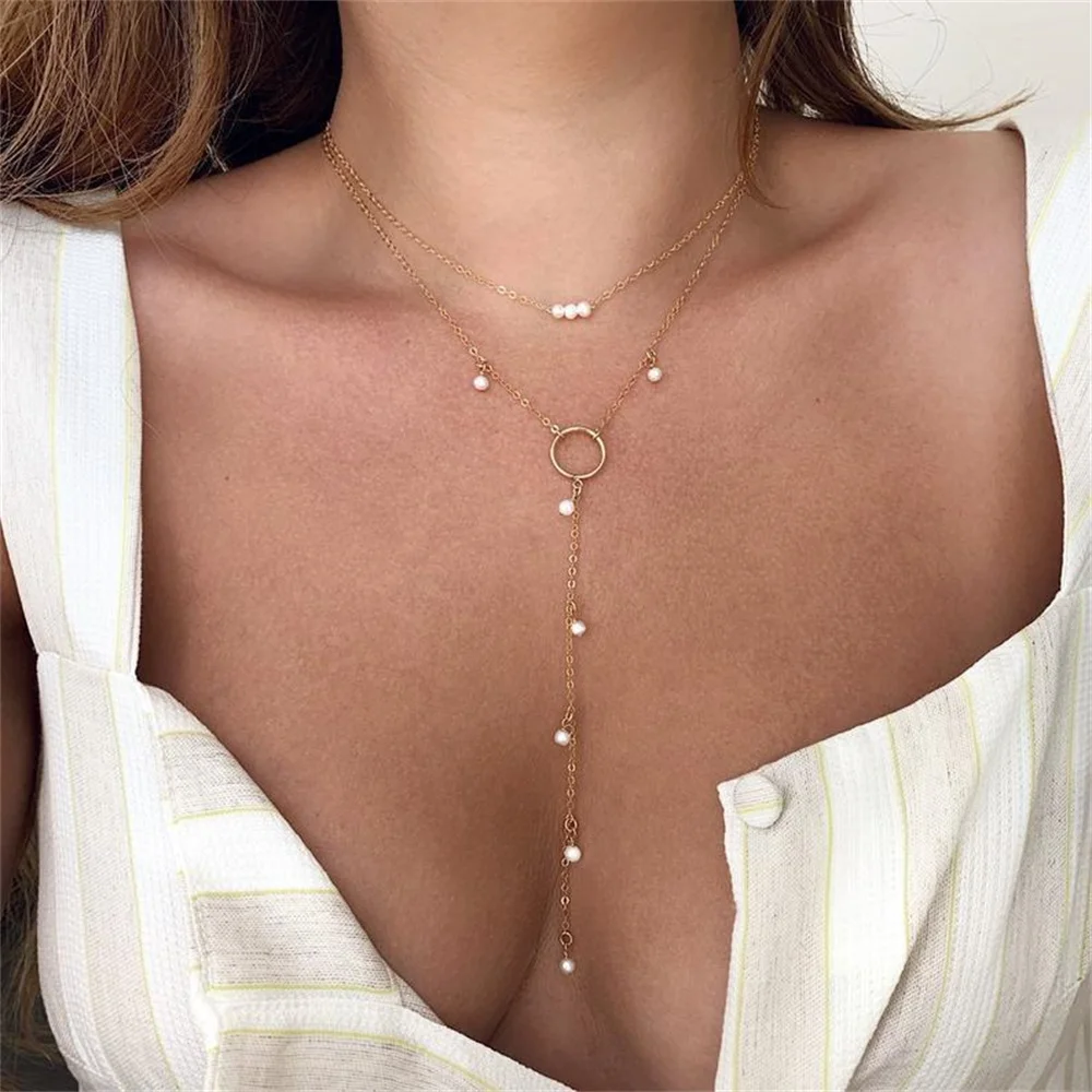 

Ins clavicle chain Vintage pearl pendant women's asymmetric tassel personalized Long Necklace