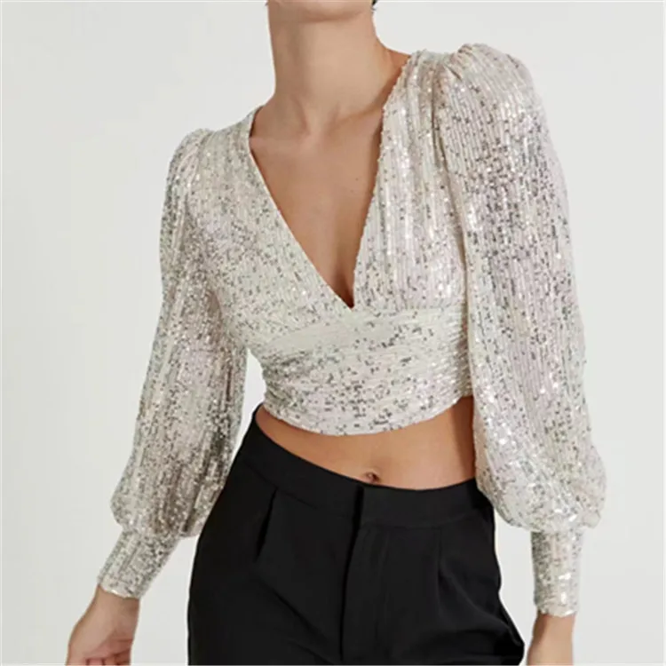

AYUALIN Puff Long Sleeve Vintage Collect Waist Short Paragraph Party Blouse Women Deep V-neck Sexy Fold Sequined Women Tops