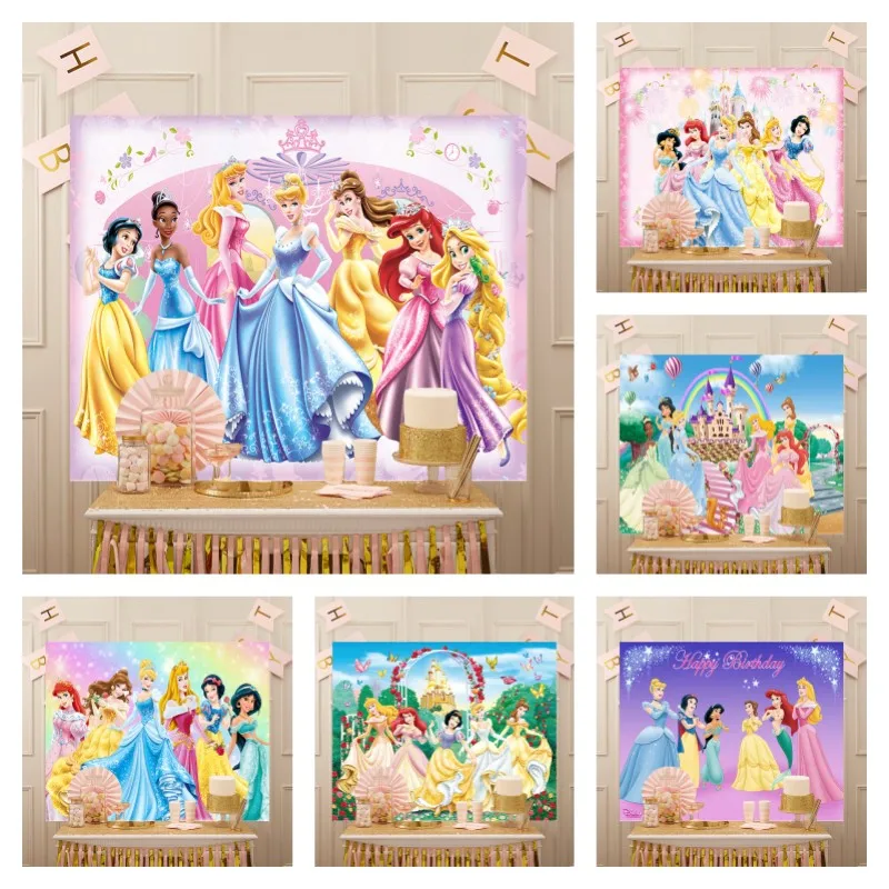 

Disney Princess Background Girl Birthday Baby Shower Backdrop Tiana Cinderella Jasmine Ariel Castle Banner Photography Props