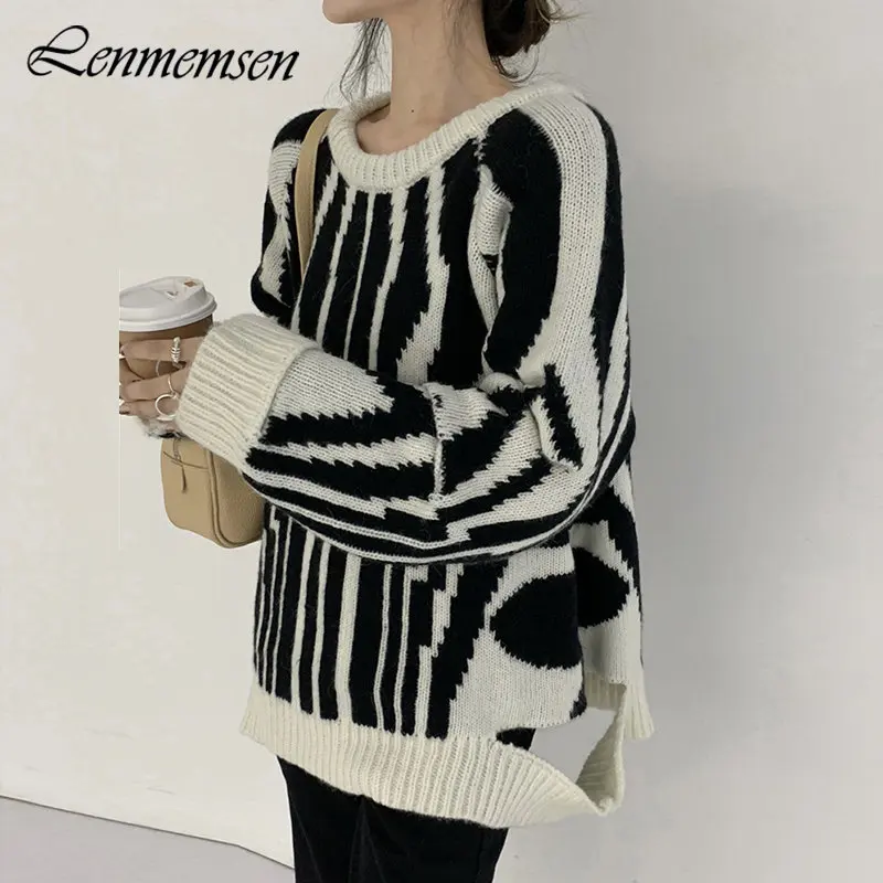 

Lenmemsen Korean Striped Knitted Sweater Women Winter New Thick Warm Long Sleeve Pullovers Female Casual Loose Soft Basic Jumper