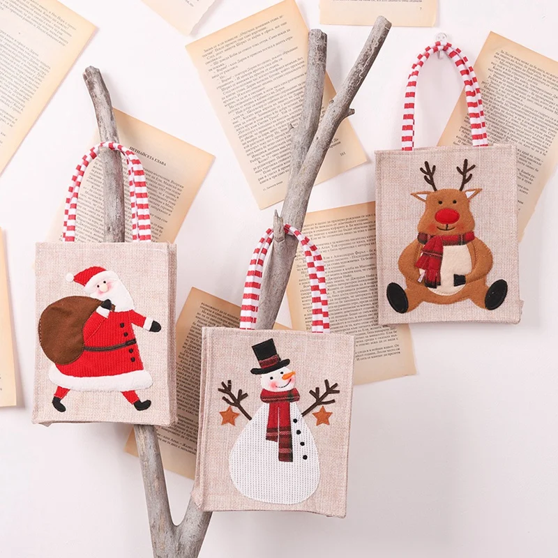 

Рождественская Льняная сумка-тоут, рождественский подарок для детей, сумка для конфет с вышивкой Санта-Клауса, снеговика, лося, Рождественский Декор для дома