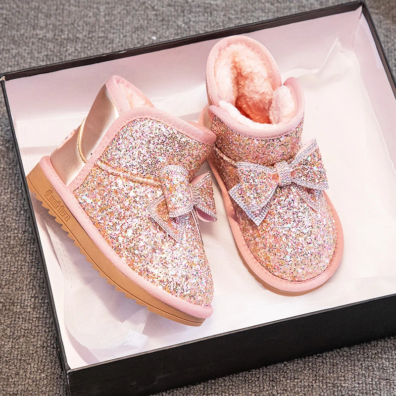 

Girls Snow Boots Cute Bow Rhinestones Casual Winter Warm 2022 New Kids Fashion Booties Princess Japanese Style Versatile Boots