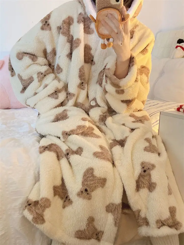 Yasuk Winter Women's Men Casual Warm Soft Sleepwear Hooded Gown Pajamass Velvet Fleecel Robes Many Bear Couple Unisex