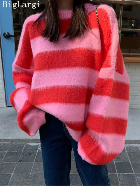 Puff Sleeve Knitted Sweater Women Korean Striped Vintage Pullover Ladies Tops Women's Clothing Round Neck Autumn Winter Jumper 4
