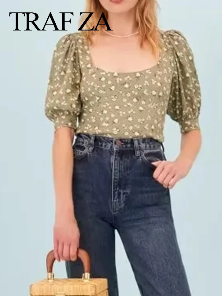 

TRAF ZA Back Elastic Slim Senior Elegant Blouse Fashion Translucent Light Gray Bean Green Short Puff Sleeve Ladies Top Summer