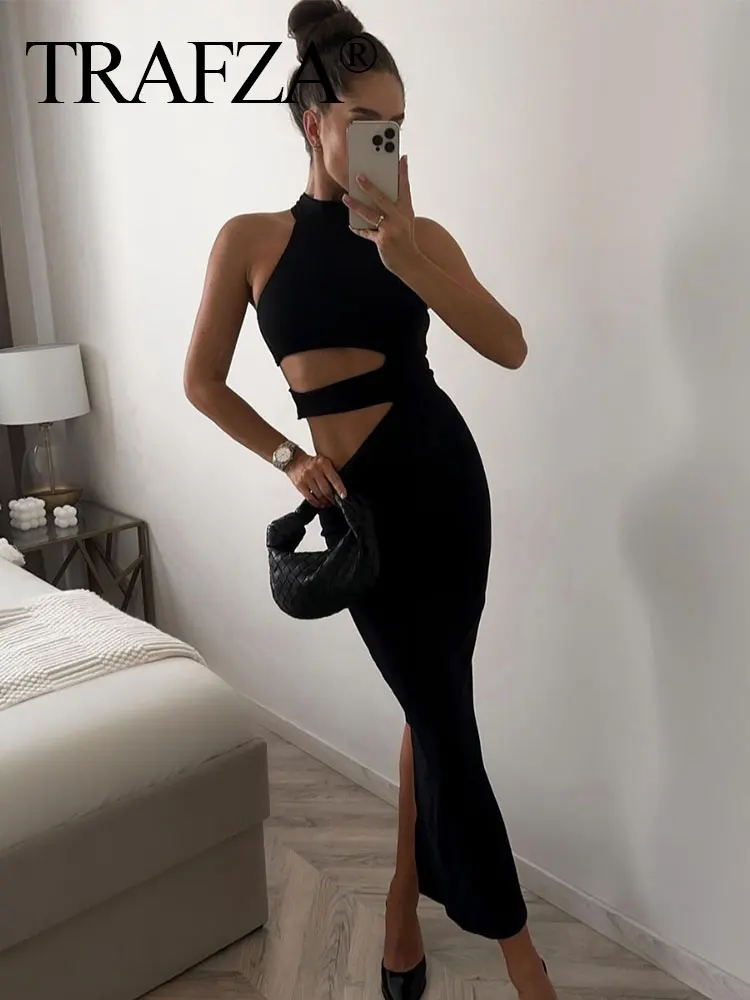

TRAFZA Women's Party Dress Spring Fashion Sleeveless Backless Waist Hollow Women's Slim Halter Neck Asymmetric Side Slit Dress