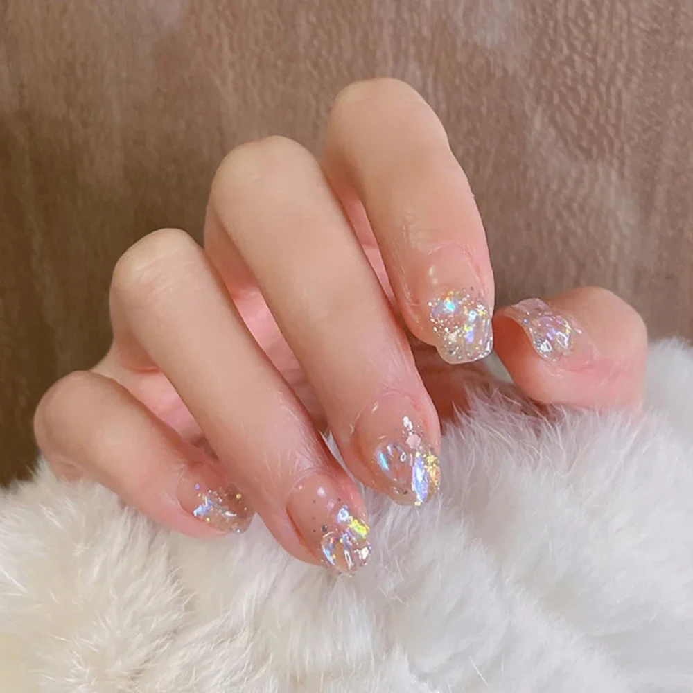 

24PCS Short Press on Nails Shiny Sequins Design Sweet Style Full Coverage Nails Finished Nails Piece with Jelly Gel/Glue EIG88