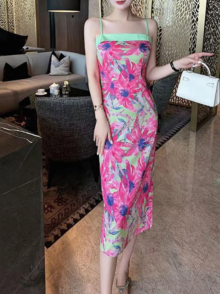 

Ladies New High Quality Fashion Summer Girls Sexy Boho Party Sexy Elegant Holiday Runway Slash Neck Pencil Camisole Strap Dress