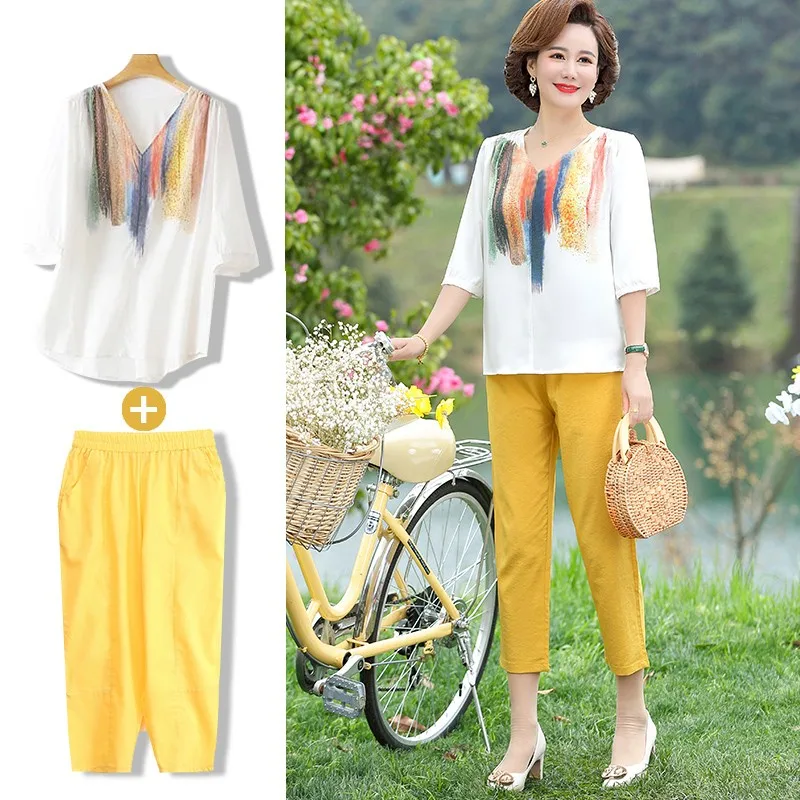 

Fashion Summer Women Cotton Linen Set Casual Short Sleeve V neck tie dye T-Shirt And Loose Pants Two Piece Suits 5XL