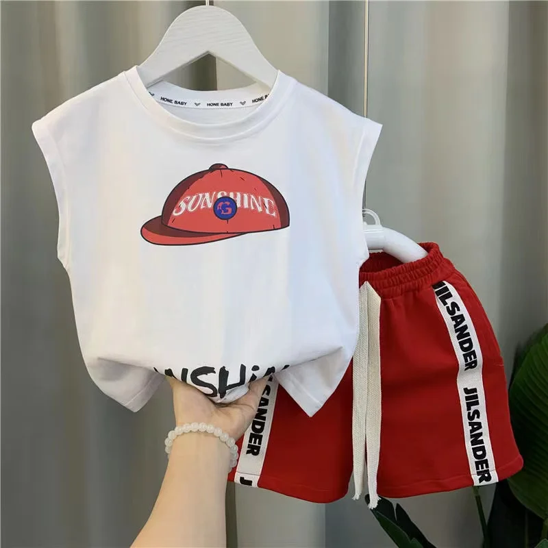 

Sleeveless Summer Hat Print Letter -Shirt+Red Shorts 2pcs Baby Boys Fashion Outfits Infant 24 Months To 8 Years Kids Tracksuit