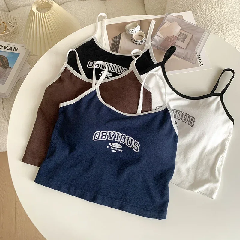 Лето 2024 топы с буквенным принтом женские на бретельках мягким бюстгальтером