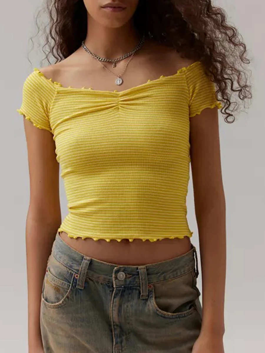 Women s Off Shoulder Crop Tops Stripe Pattern Boat Neck Short Sleeve Fit Summer T-Shirts