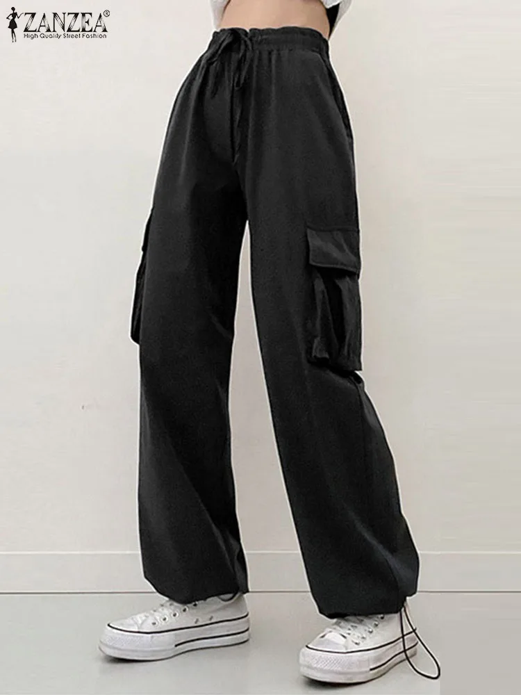 

Комбинезон ZANZEA женский с карманами, Модные Винтажные брюки прямого покроя с широкими штанинами, эластичные брюки с завышенной талией, 2023