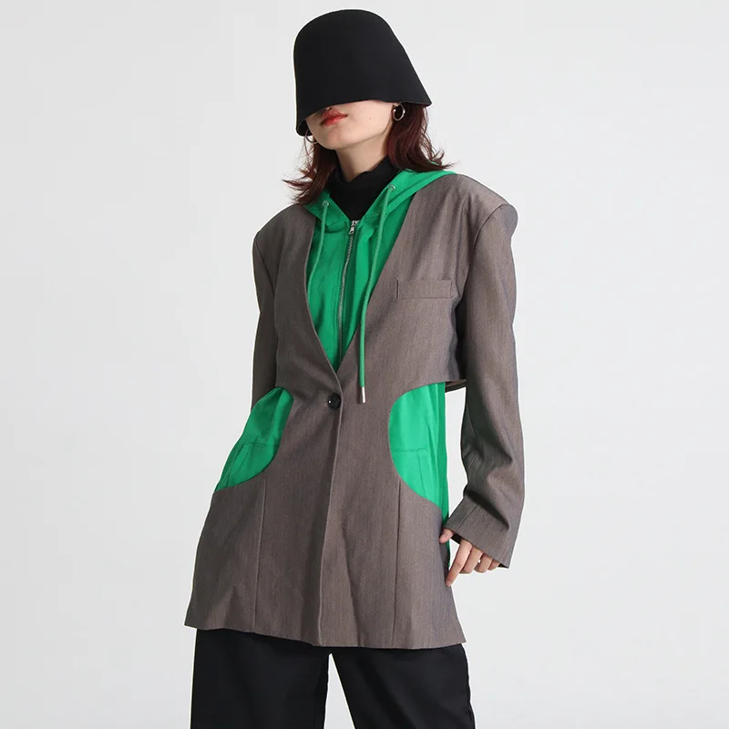 2023 New Women Coat Hollow Cardigan Long Sleeve Jacket Hooded Vest Two-piece Black Blazer Sport Jacket Casual Streetwear