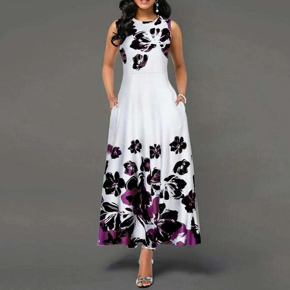 

2022 Summer Athestic Vintage Floral Print A Line Tank Dresses Women Elegant High Waist Evening Party Vestidos Casual Maxi Robe