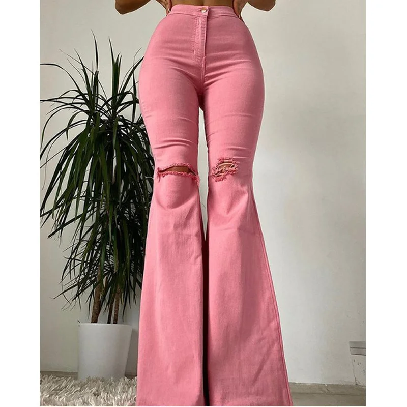 

Jeans Woman Slim Fit Solid Color Bell-bottoms Classic Style Ripped High Waist Long Denim Pants Street Jeans