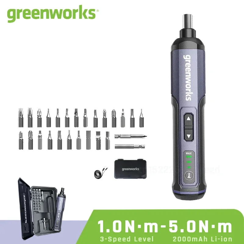 Фото Набор электрических отверток Greenworks, 1-5 Нм, 4 В, мини-аккумуляторная отвертка, 2000 мАч, литий-ионная аккумуляторная батарея USB с набором 26 бит №1