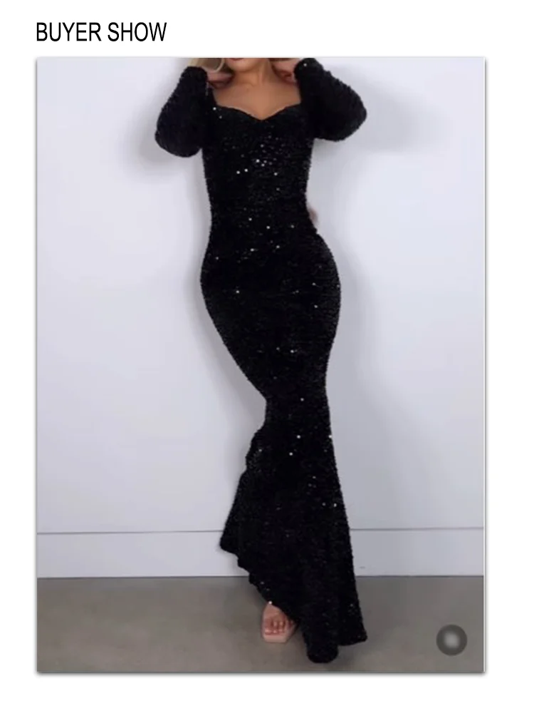 Sparkly Gary Sequin Long Dress Full Sleeve Stretchy Velvet V Neck Mermaid Winter Women Party Black Burgundy Shiny 2023 images - 6