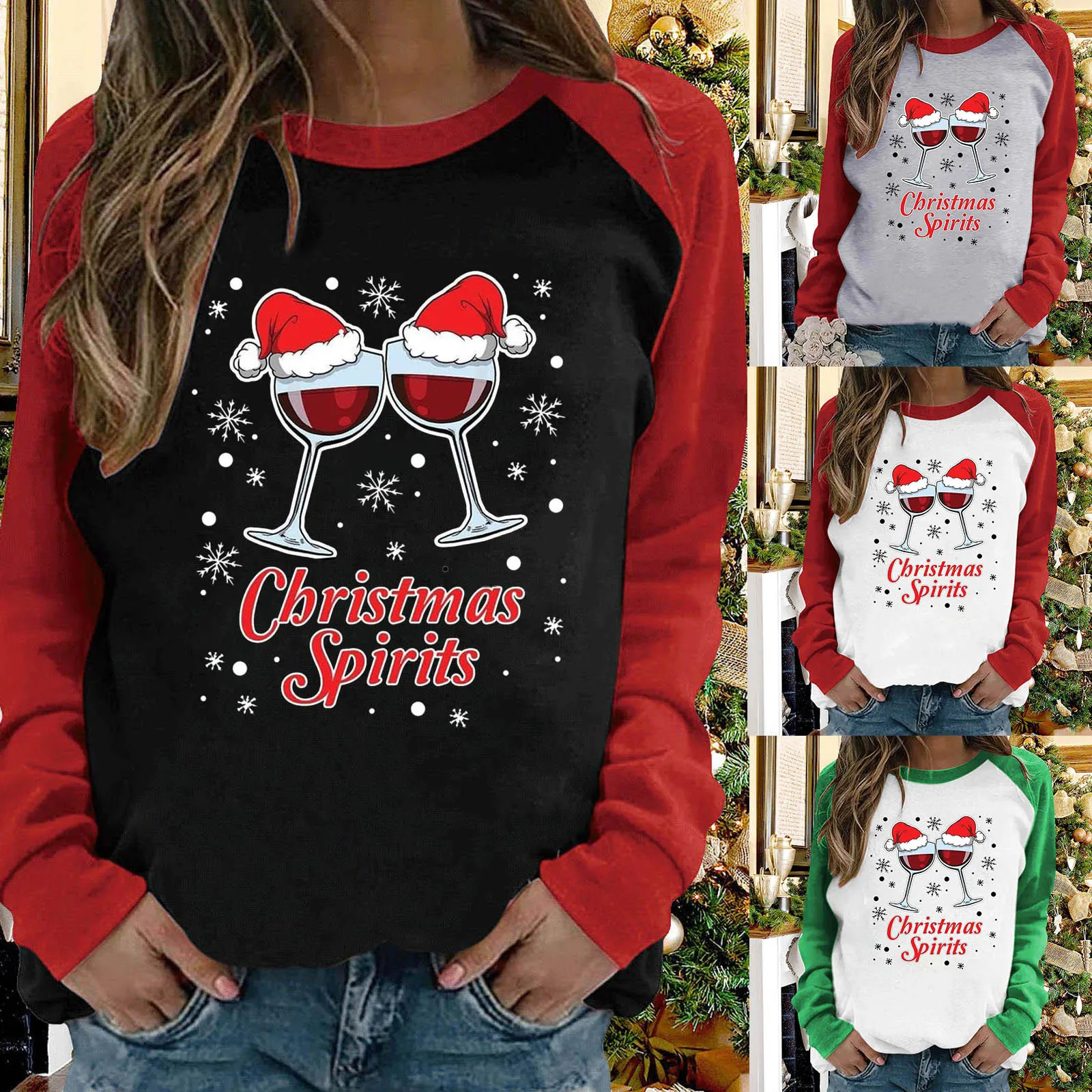 2022 New Autumn And Winter Women Splice Raglan T-Shirt Top New Sweater Christmas Wine Cup Print Round Neck Long Sleeve
