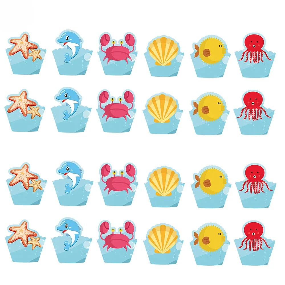 

Ocean Animal Cupcake Wrapper and Toppers Starfish Dolphin Octopus Shell Crab Fish Sea Theme Party Baby Kids Birthday Cake Decors