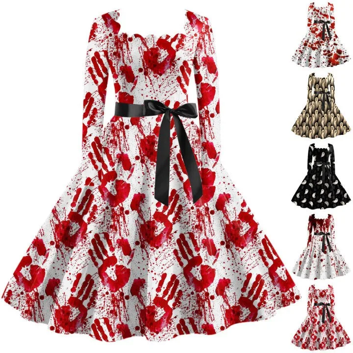 2024 платье с квадратным воротником и длинными рукавами на Хэллоуин террор кровь
