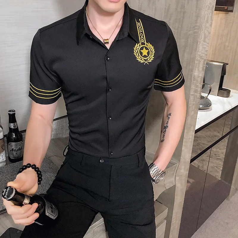 

2023 Mens Nightclub Party Tuxedo Fashion Streetwear Social Top Luxury Gold Embroidery Shirt Men Slim Fit Casual Dress Shirts