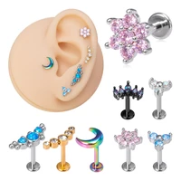 1pc crystal flower moon lip piercing ring labret bar ear cartilage stud earrings stainless steel tragus helix body jewelry 16g
