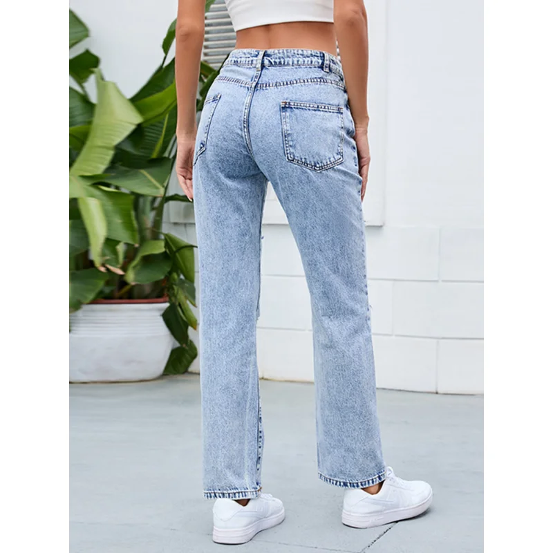 2023 European and American women's jeans denim washed and polished white mid-waist ripped straight hole ruined temperament