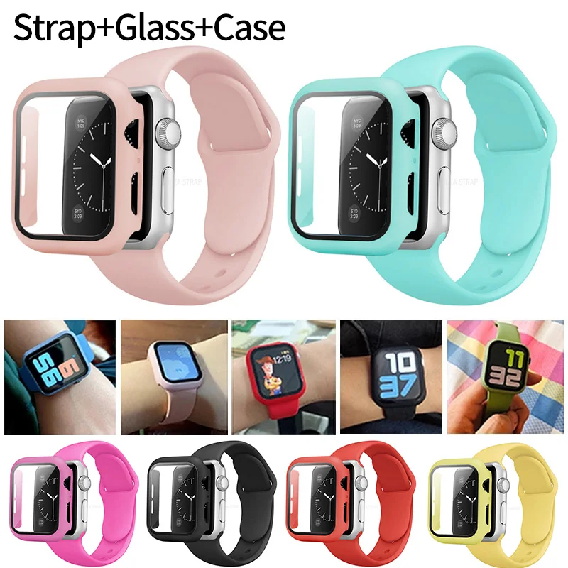 Glass+Case+Strap for Apple Watch band 41mm 45mm 44mm 40mm 38mm 42mm Silicone Screen Protectors IWatch Series 7 8 6 SE 5 4 3