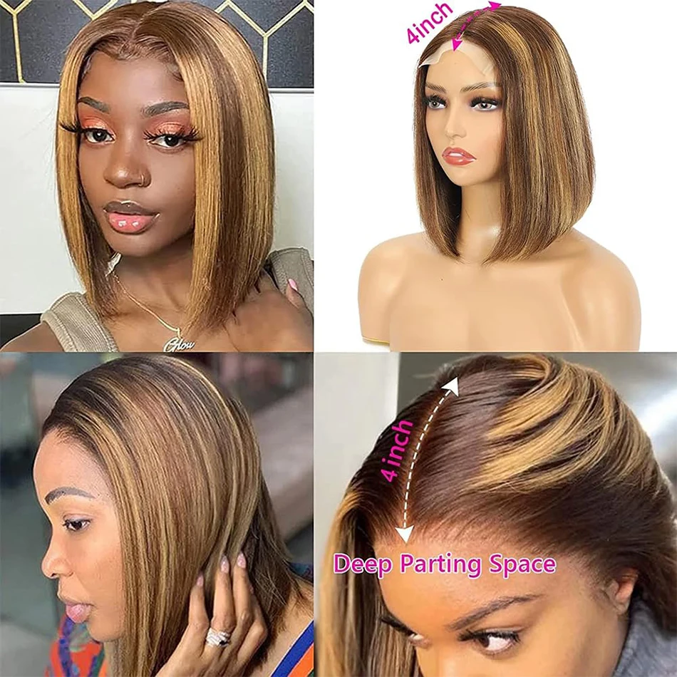 Блондинка Блестящий Боб Парик Из Человеческих Волос 13x4 Фронтальные Прозрачные