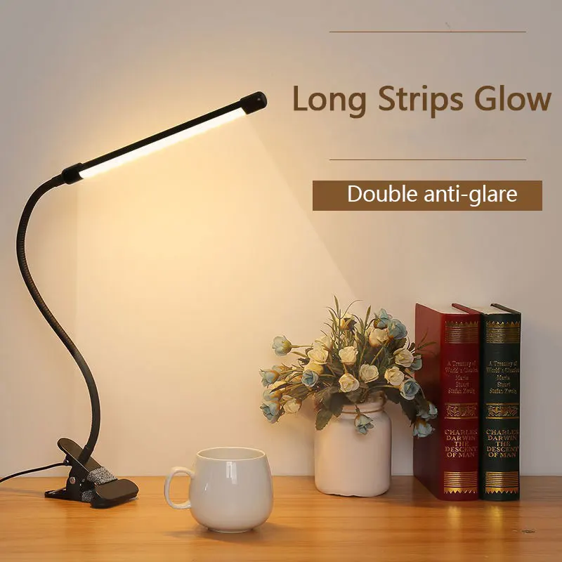 

Clip-on LED Table Lamp 360° Flexible Gooseneck Light Eye Protection Desk Lamp Warm/White Lights Stepless Dimming Indoor Lights