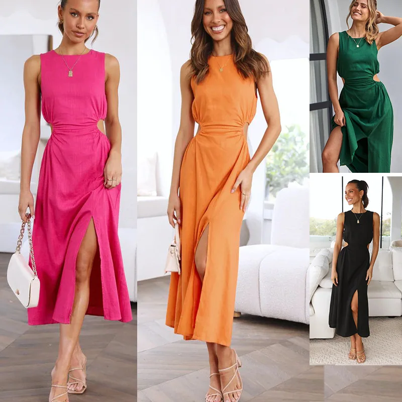

Women Elegant O Neck Sleeveless Slim Waist Hollow out Solid Color Split Casual Mid-Calf Dress