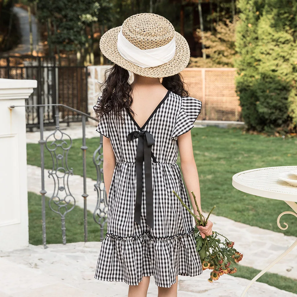 Летнее платье для девочек-подростков клетчатый сарафан без рукавов с оборками