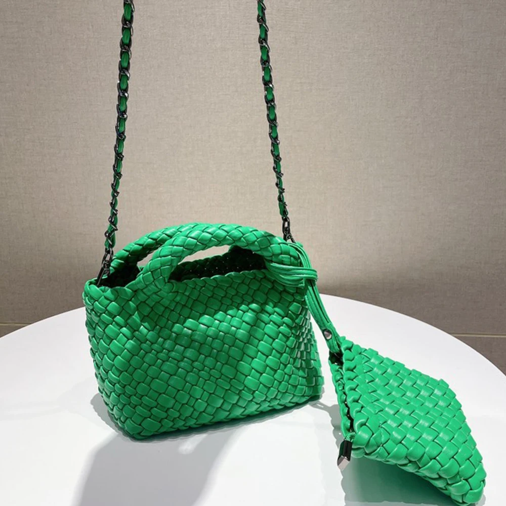 

Soft PU Woven Women's Handbags Luxury Designer Chains Bucket Bags for Women 2022 Small Shoulder Crossbody Bag Composited Bag New