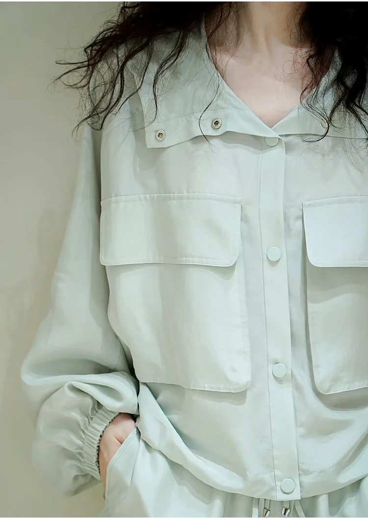 

Women's Electric Spinning Silk Hooded Coat Pure Solid Lantern Long Sleeve Short Thin Jacket Spring, Summer Early Autumn New 2023