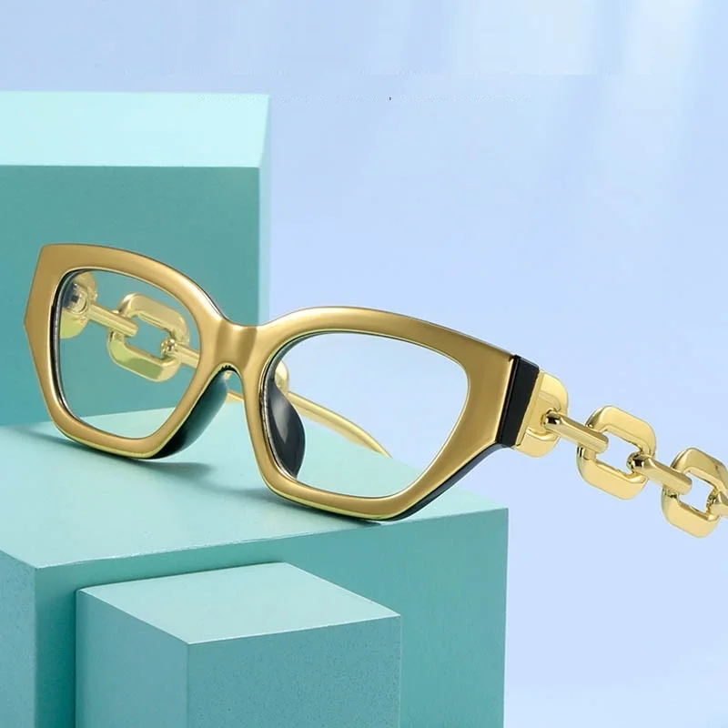 Vintage GOLD Frame Clear Glasses Cat Eye Elegant Women Punk Glasses Optical Eyeglasses Decorative Fake Glasses Big Chain 2022