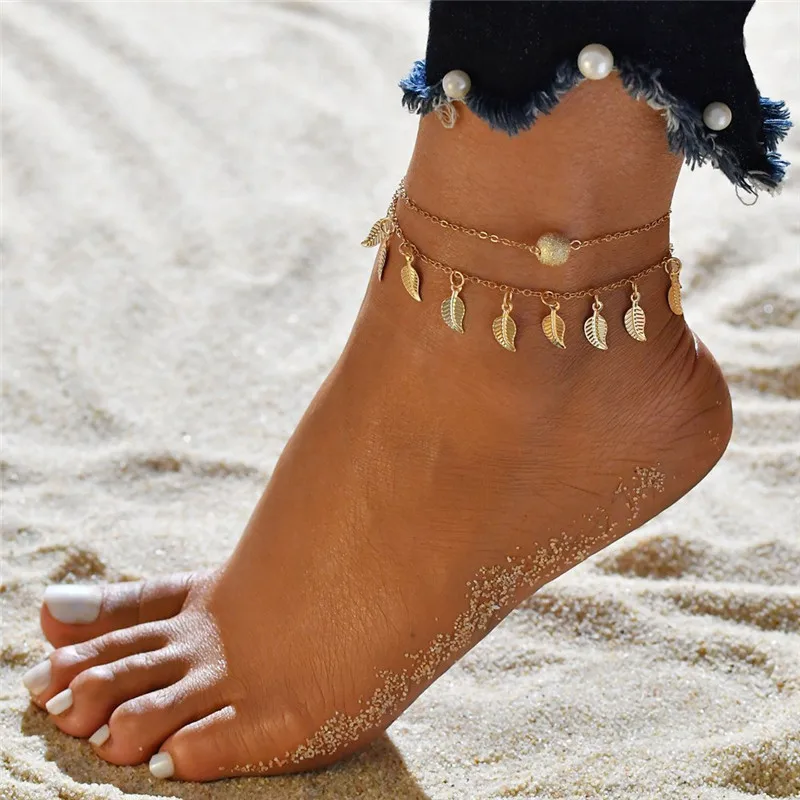 

KOTiK Bohemian Gold Color Leaves Anklets For Women Fashion Beads Anklet Summer Beach Ankle Bracelet Foot Chain Jewelry